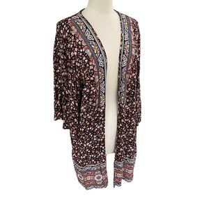 Knox Rose Boho Ditsy Floral Mixed Print Open Front Longline Kimono Cardigan-M